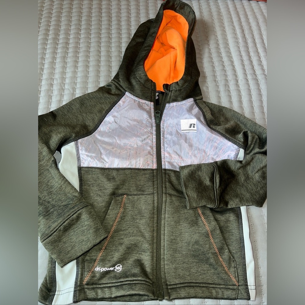 Russell Tech Boys XS 4-5 Fleece Zip Jacket Hoodie Green orange dri-power 360